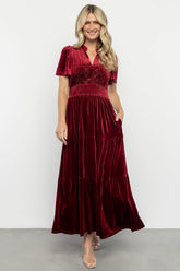 Maida Embroidered Velvet Dress | Cranberry