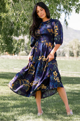 Lena Tiered Midi Dress | Navy + Gold Floral