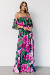 Azalea Off Shoulder Maxi Dress | Green + Fuchsia Floral - Baltic Born