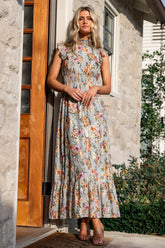 Kearny Ruffle Maxi Dress | Light Blue Floral + Gold - Baltic Born