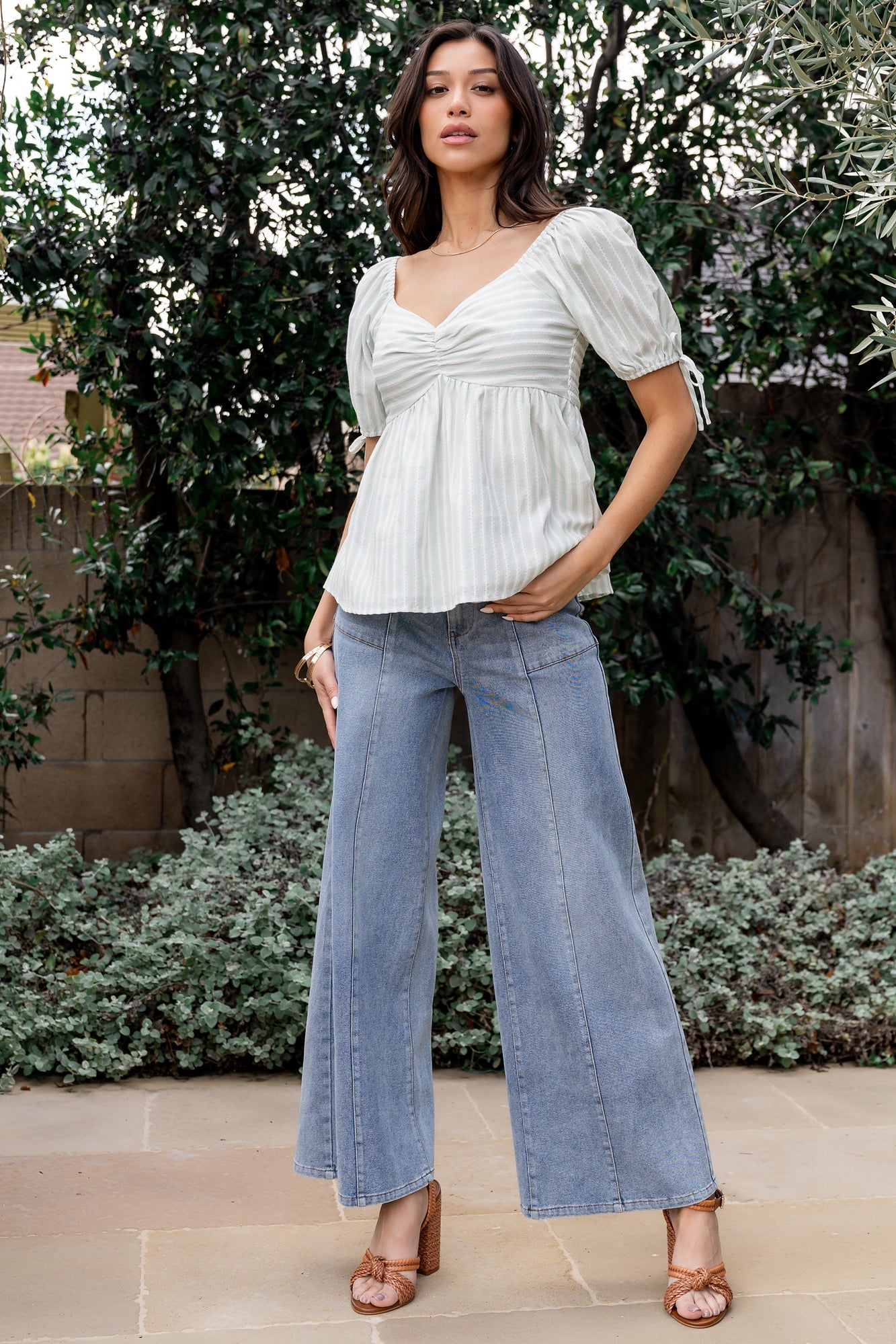 Betsy Peplum Top | Green+ White Stripe
