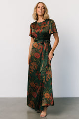 Agnes Satin Maxi Dress | Dark Green Floral - Baltic Born