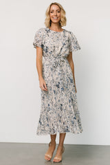 Alexandra Pleated Dress | Off White + Blue - Baltic Born