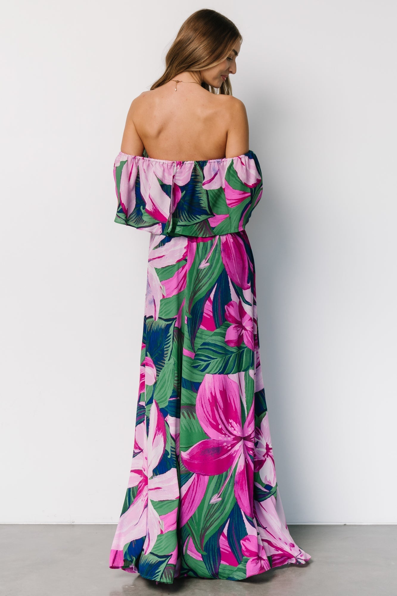 Azalea Off Shoulder Maxi Dress | Green + Fuchsia Floral - Baltic Born