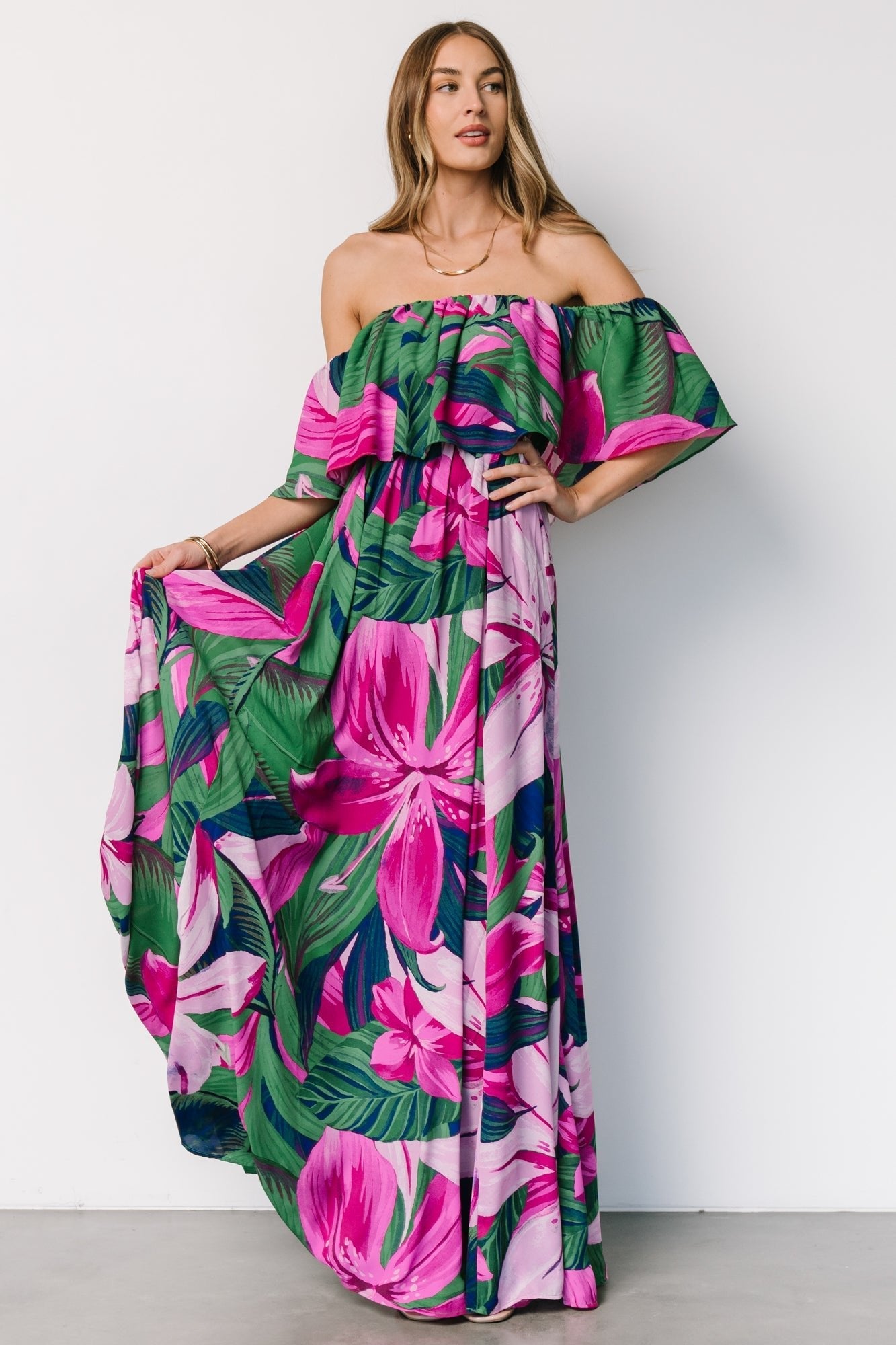 Azalea Off Shoulder Maxi Dress | Green + Fuchsia Floral - Baltic Born