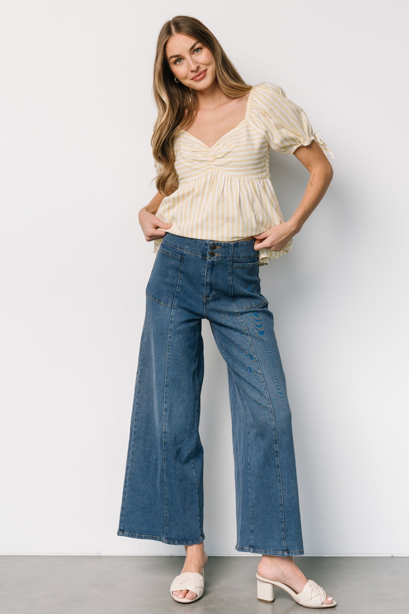 Betsy Peplum Top | Yellow + White Stripe - Baltic Born