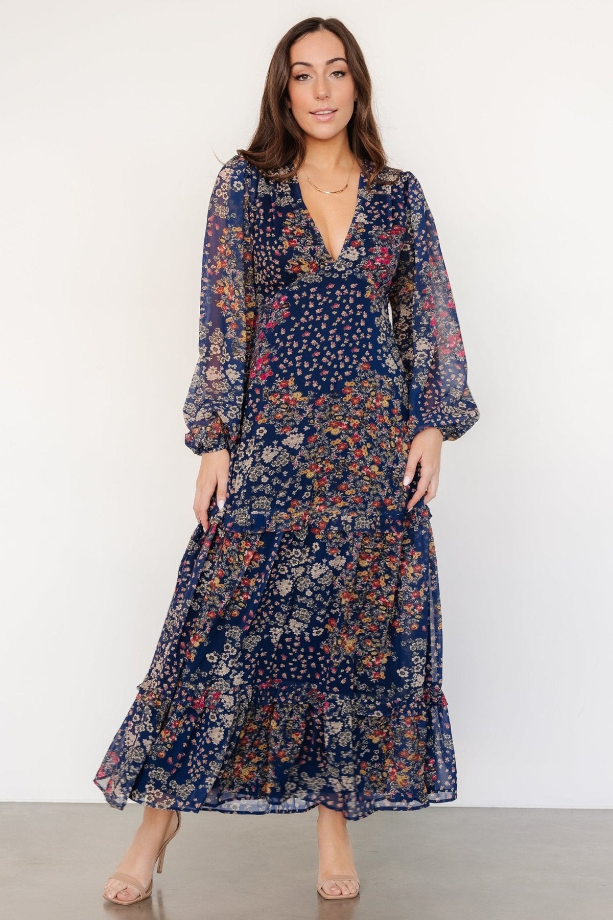 Bowman Deep V Maxi Dress | Dark Blue Multi - Baltic Born