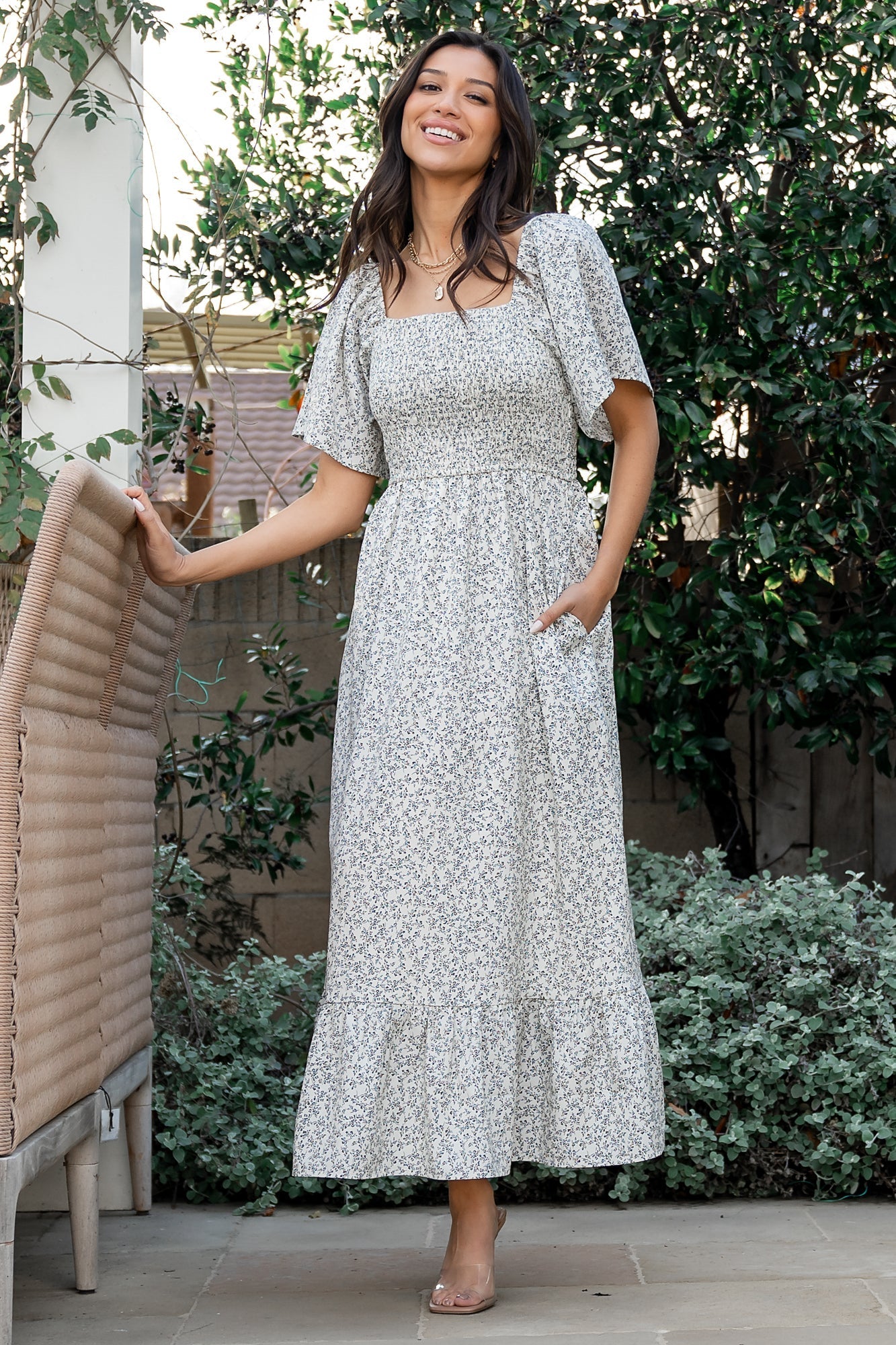 Cassis Smocked Midi Dress | Ivory + Black Floral - Baltic Born