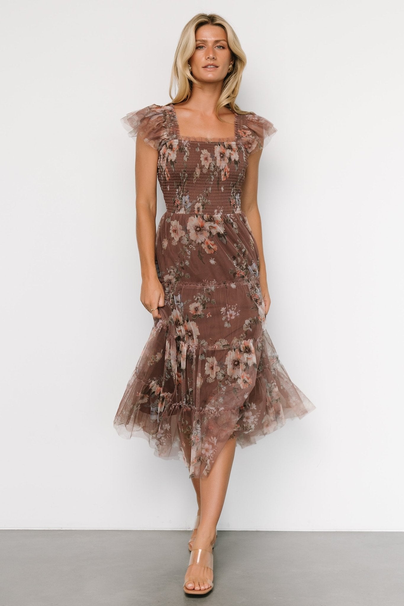 Clementine Tulle Midi Dress | Vintage Taupe Floral - Baltic Born