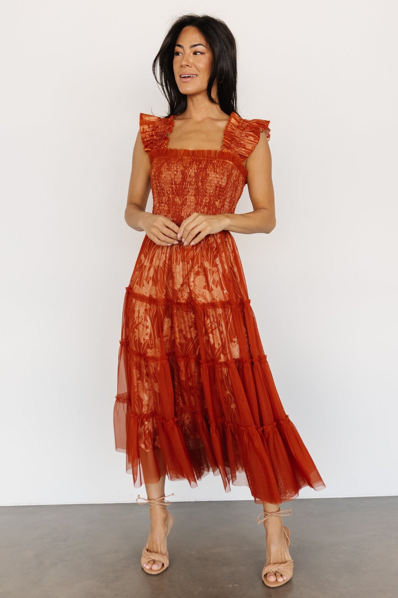 Cora Smocked Tulle Dress | Rust Floral - Baltic Born