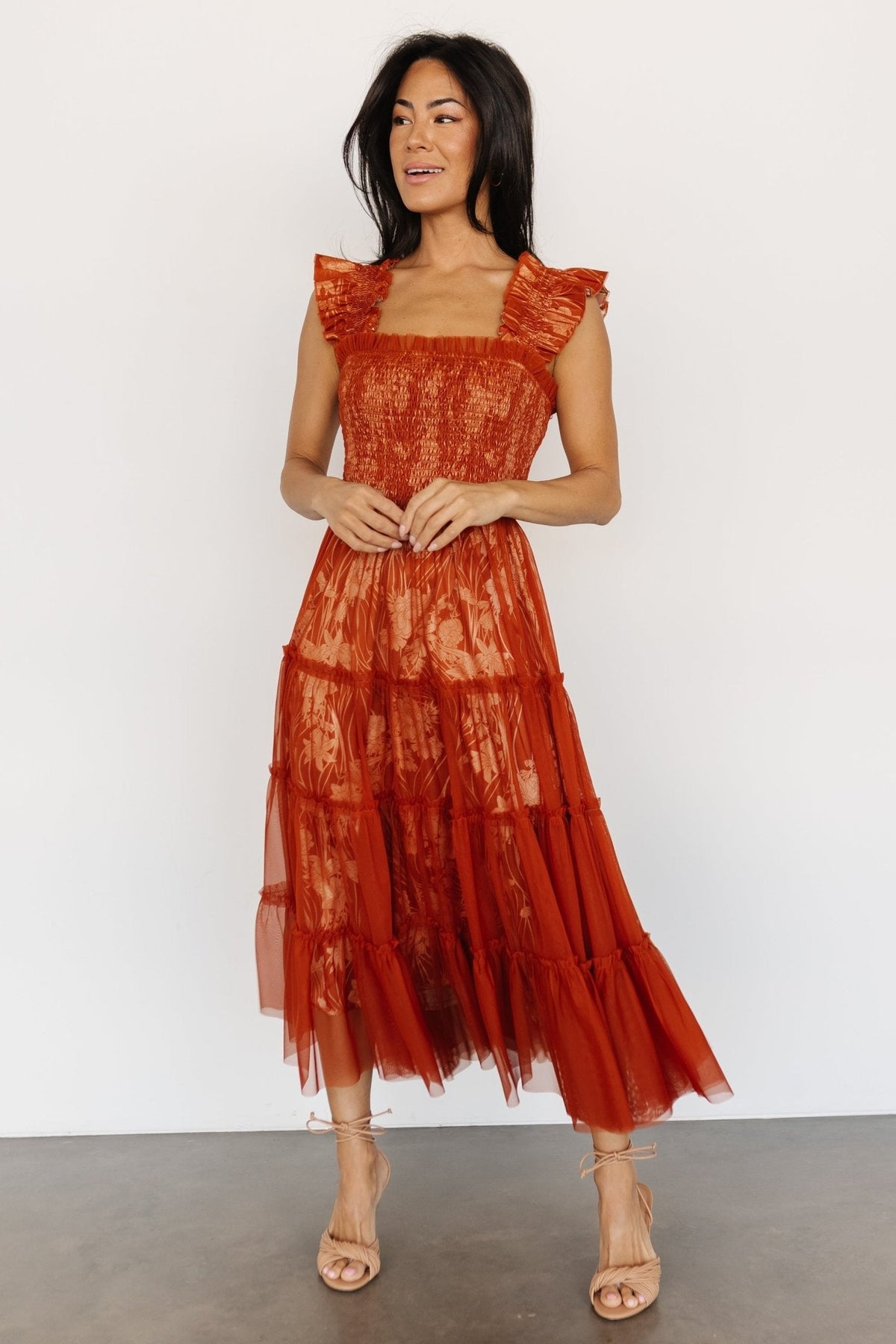 Cora Smocked Tulle Dress | Rust Floral - Baltic Born