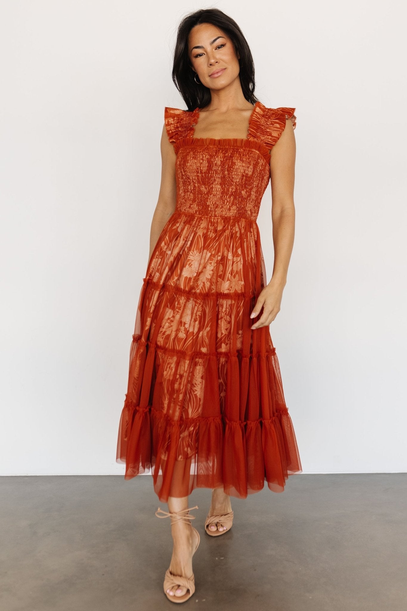 Cora Smocked Tulle Dress | Rust Floral - Baltic Born