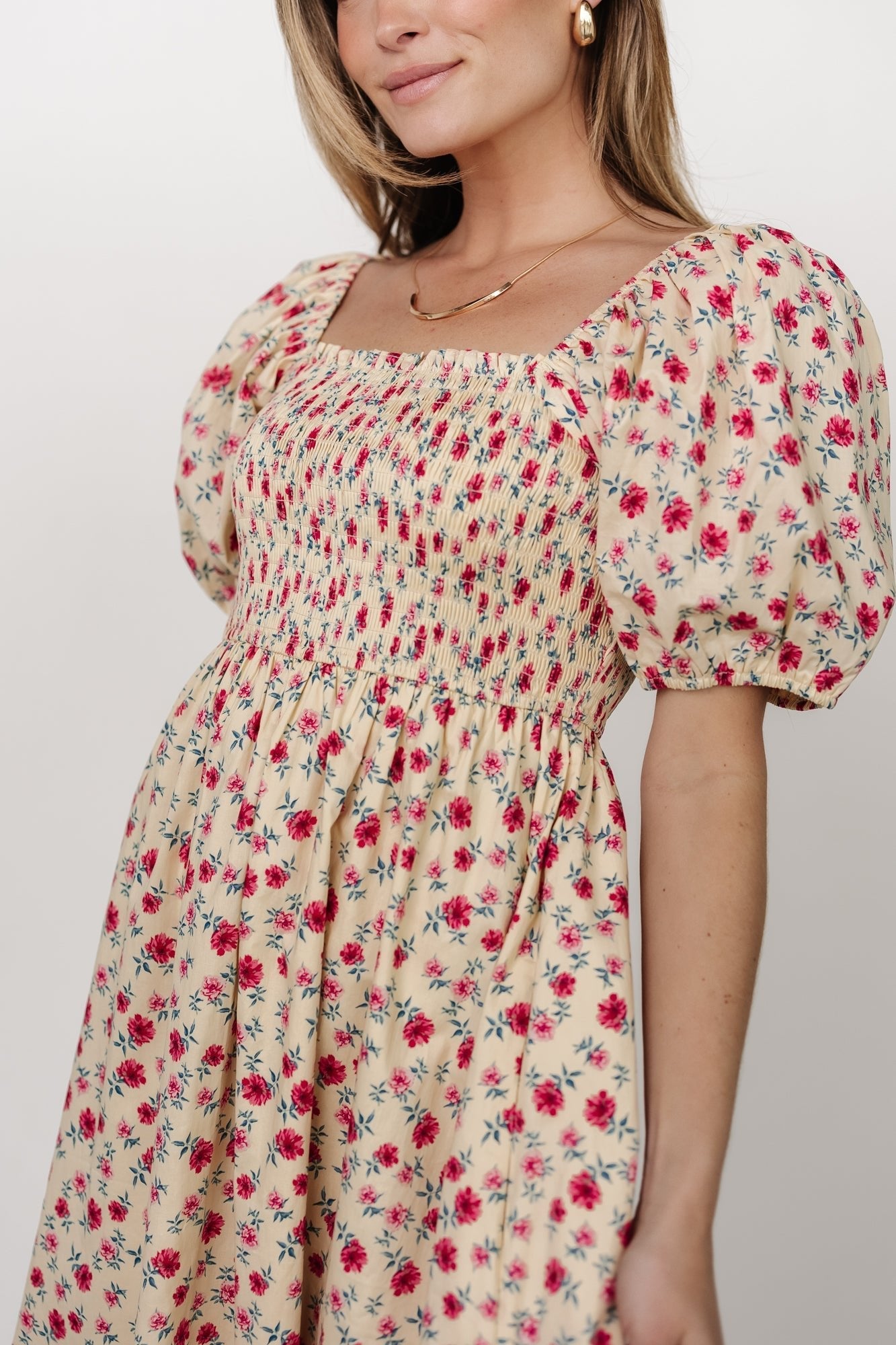 Haddie Smocked Midi Dress | Cream + Rose Floral - Baltic Born