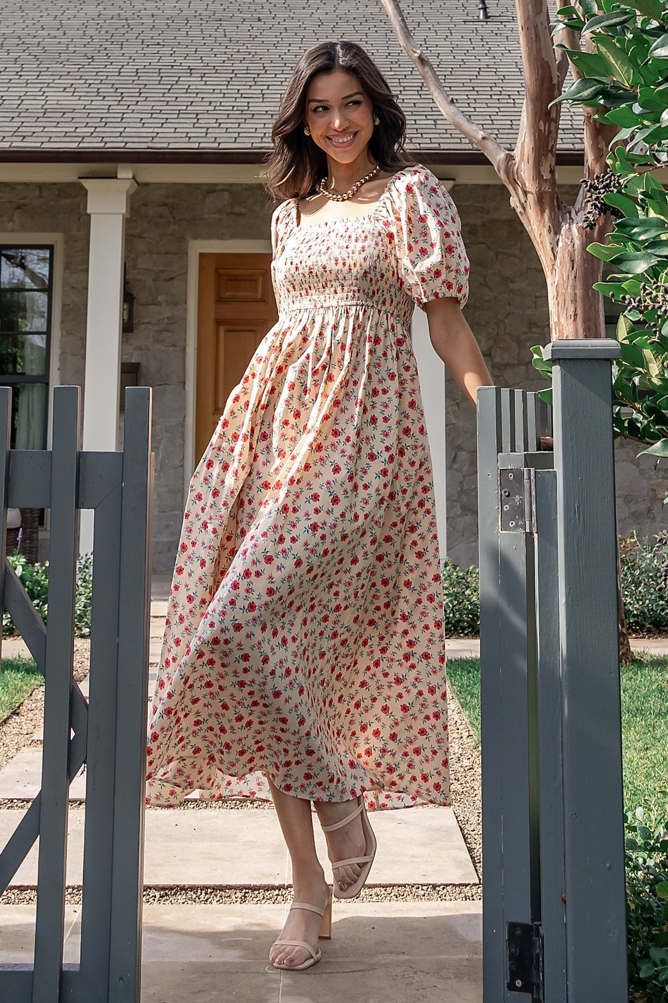 Haddie Smocked Midi Dress | Cream + Rose Floral - Baltic Born