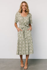 Lyla Midi Dress | White + Olive Print - Baltic Born