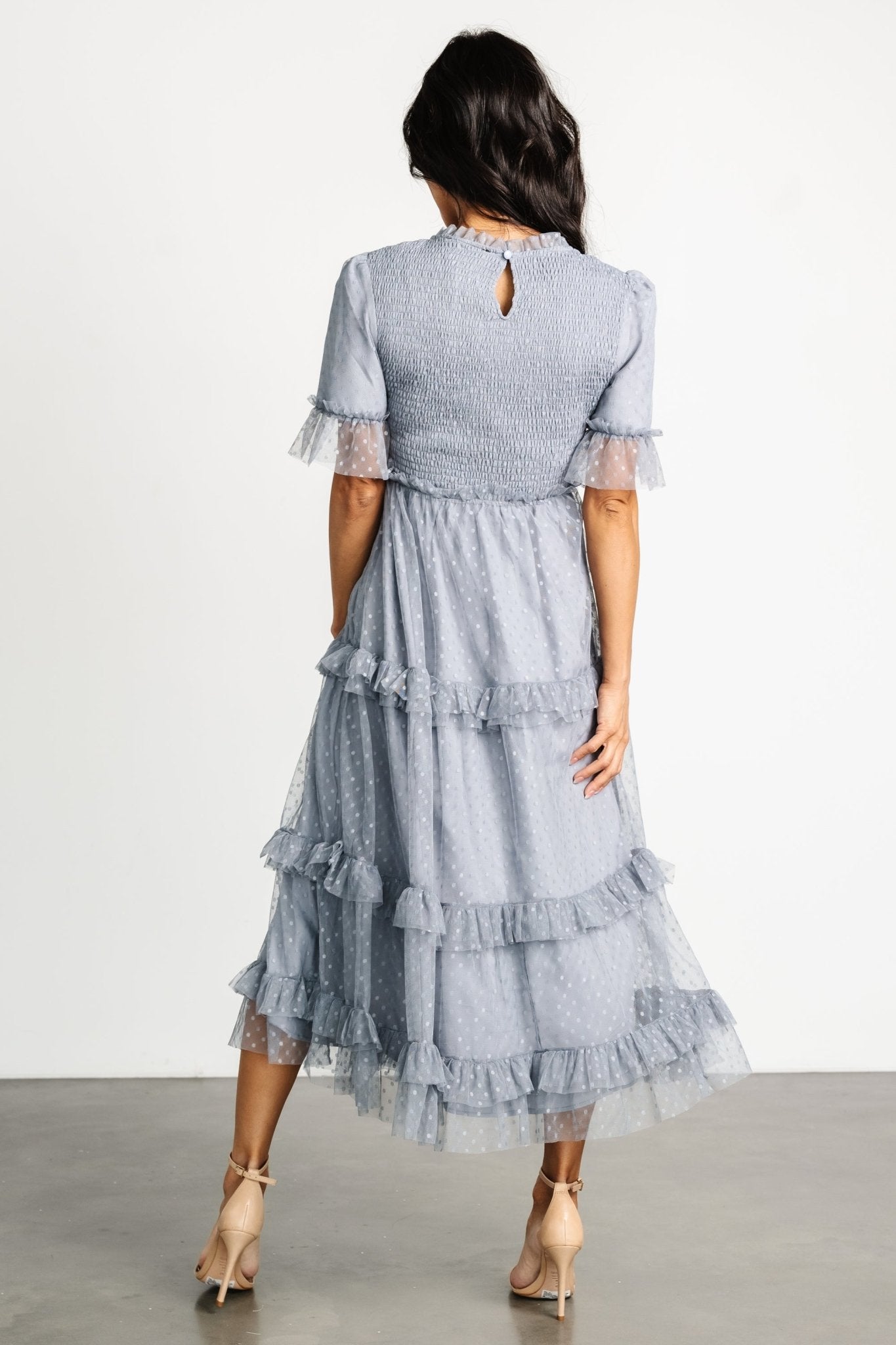 Lysandra Smocked Dot Dress | Dusty Slate - Baltic Born