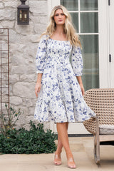 Marta Smocked Midi Dress | White + Blue - Baltic Born