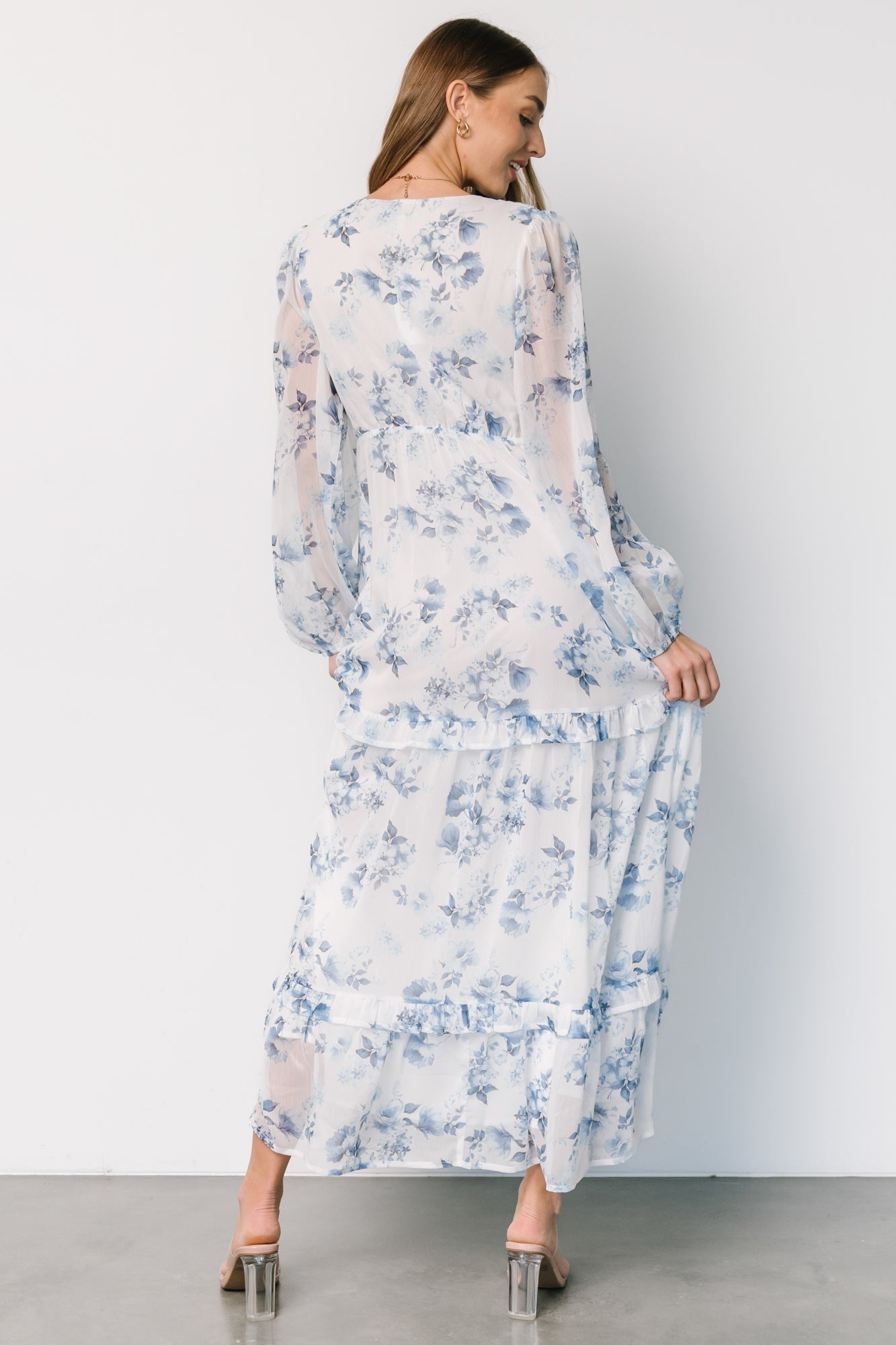 Rumi Deep V Maxi Dress | Off White + Blue Floral - Baltic Born