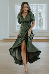 Vara Satin Maxi Wrap Dress | Juniper Green - Baltic Born